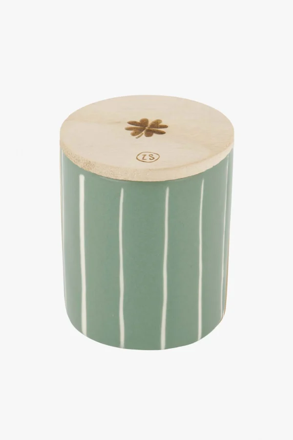 New keramieken geurkaars met houten deksel klavertje salie Geurkaarsen