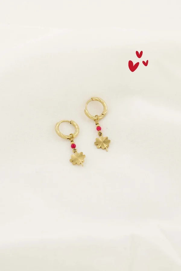 Sale oorbel met klavertje roze rood Oorbellen