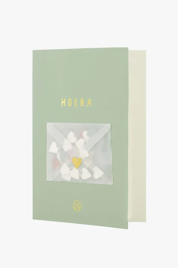 New wenskaart hoera met hartjes confetti saliegroen Kaartjes